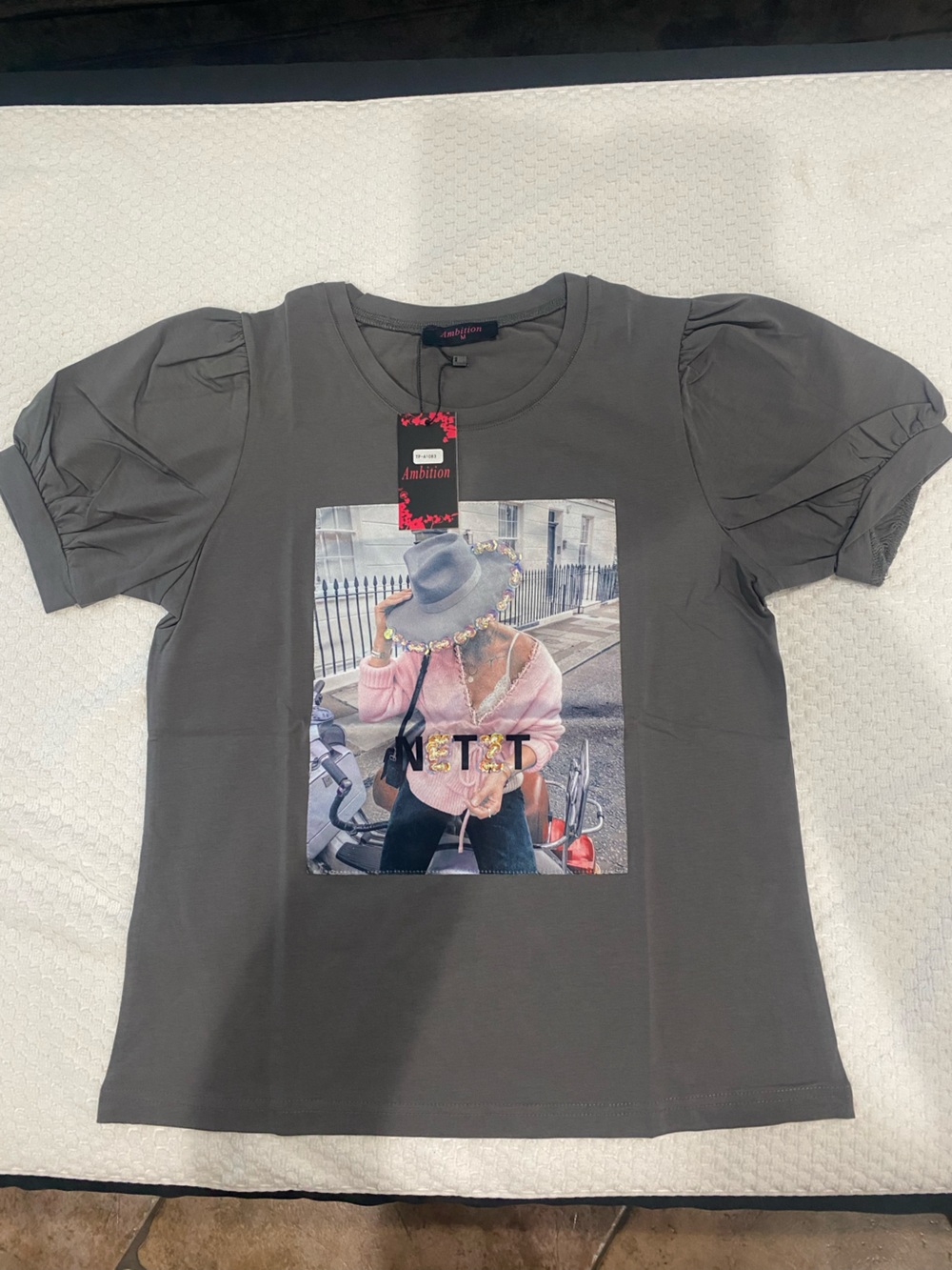 ambition Gray Puff-Sleeve Tee with Pink Graphic